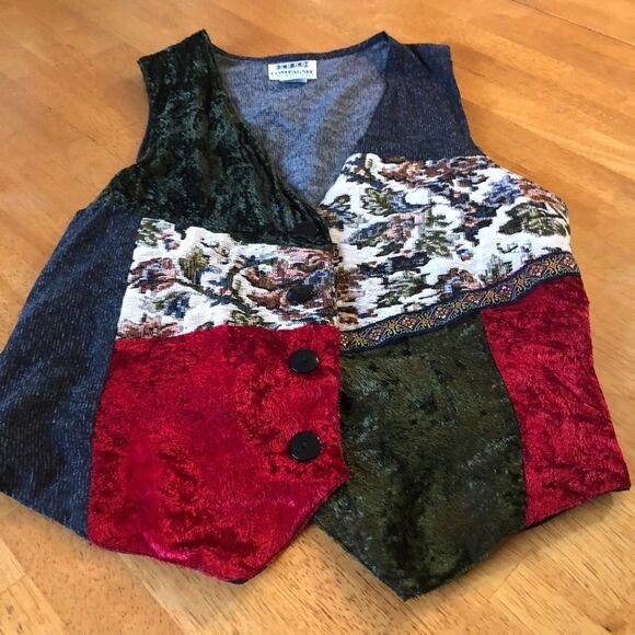 Vintage S Patchwork Velvet Red Green Floral Brocade Vest Soho Compagnie Holiday - Picture 10 of 11
